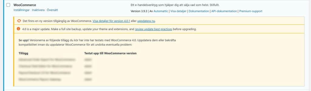 WooCommerce 4.0 uppdateringsvarning i uppdateringspanelen när man uppdaterar från WooCommerce 3.9.3 och de äldre versioner.